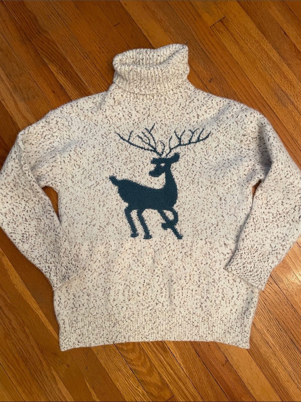 Turtleneck Cream Speckle Reindeer Cozy Whimsical Holiday Christmas Sweater